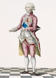 Książę w stroju wiejskim ozdobionym orderami królewskimi, rytowany przez Dupina, tablica z "Galeries des Modes et Costumes Francais", ok. 1778-87, 1760 r.